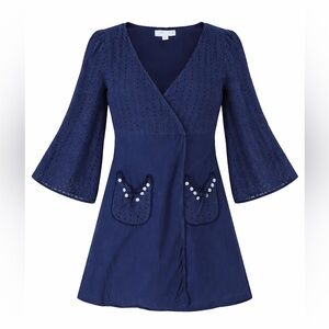 Anthropologie Lilka Eyelet Wrap Tunic Top Navy Women’s S/M Boho Cottagecore